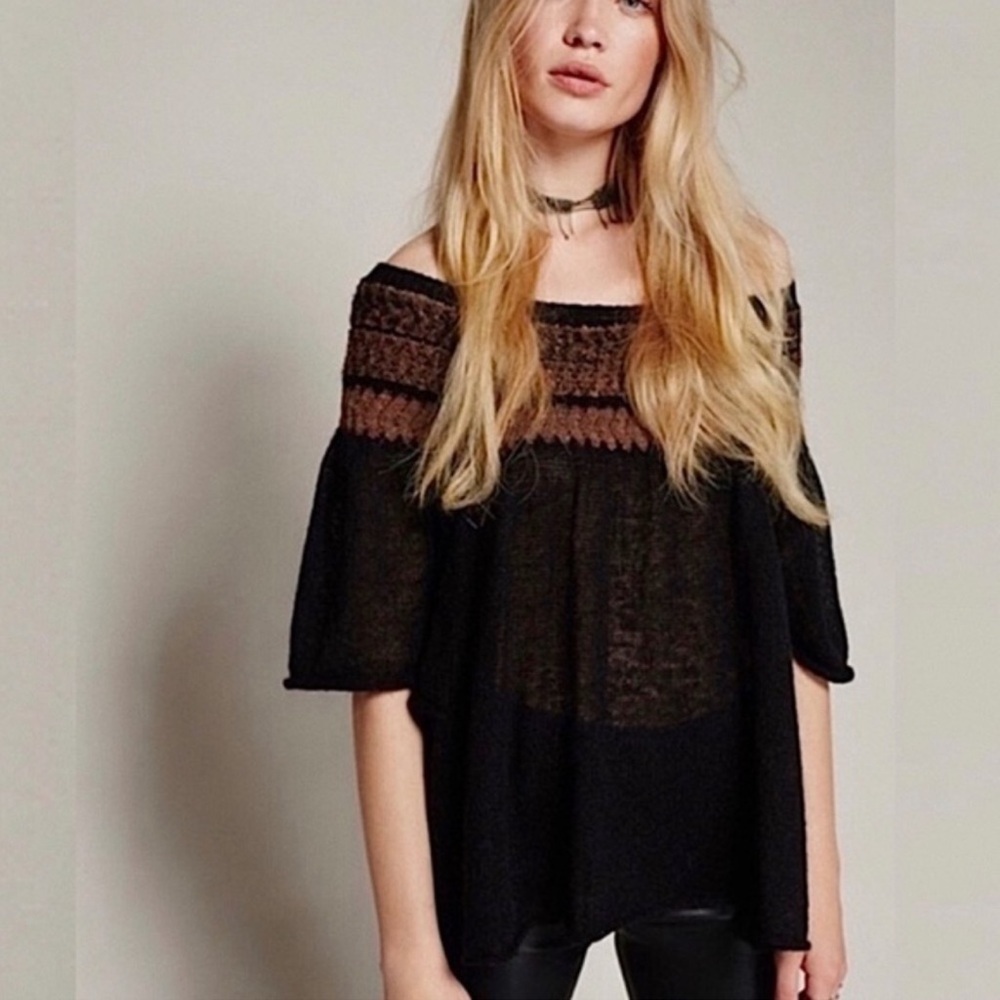 Free People Loch Lomond Off The Shoulder Flutter Sleeve Sweater Small Black